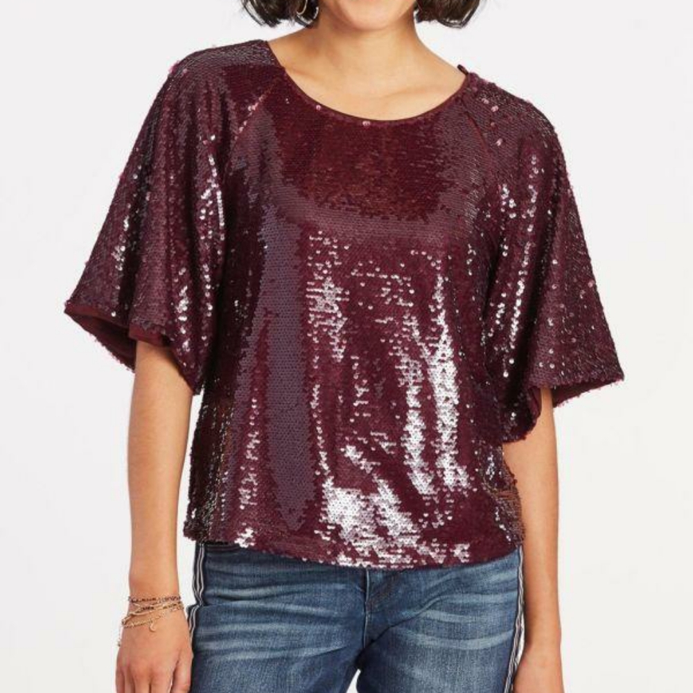 XS Skies are Blue Sequin Maroon Top Flutter Sleeve